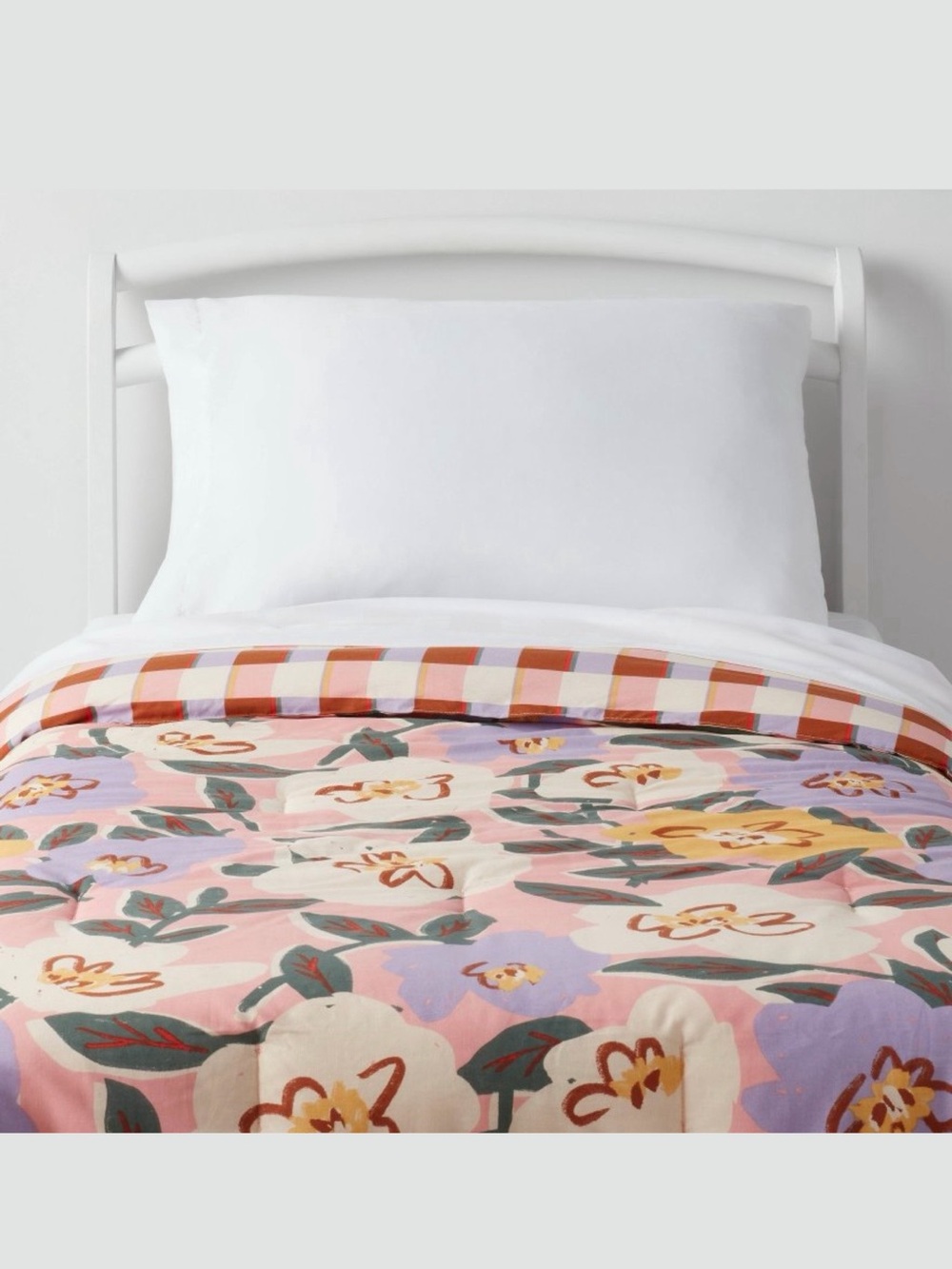 Pillowfort Reversible Comforter Vibrant Floral and Plaid Toddler Bed Size